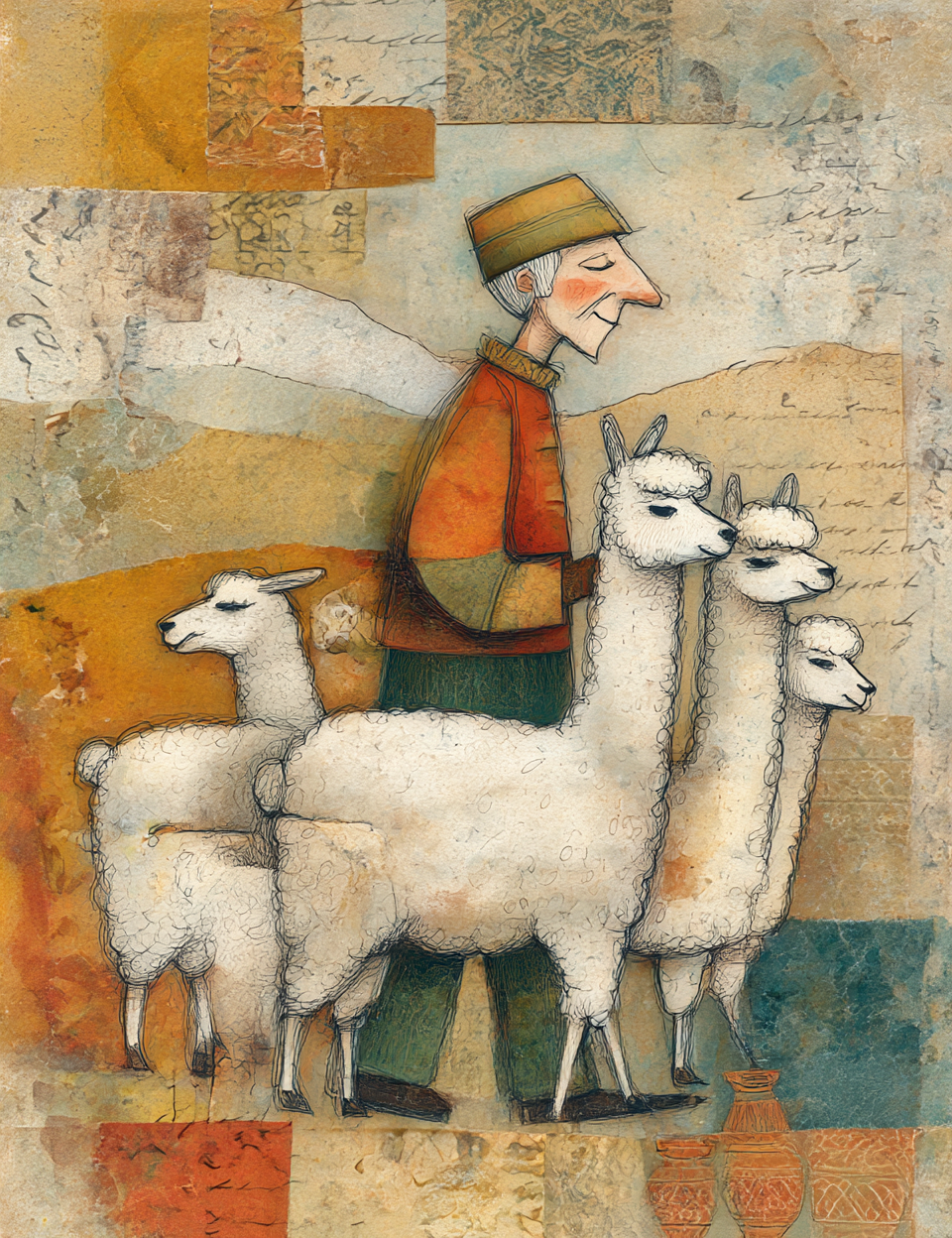 Illustration of a person with llamas on a textured background