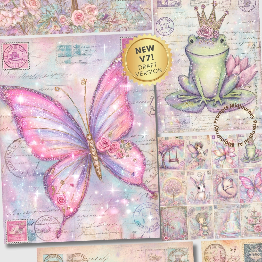 Midjourney V 7 Prompts for Pink Fairytale Vintage Junk Journal