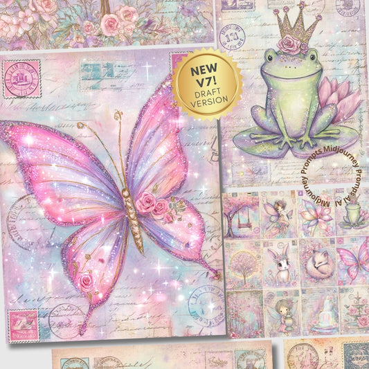 Midjourney V 7 Prompts for Pink Fairytale Vintage Junk Journal