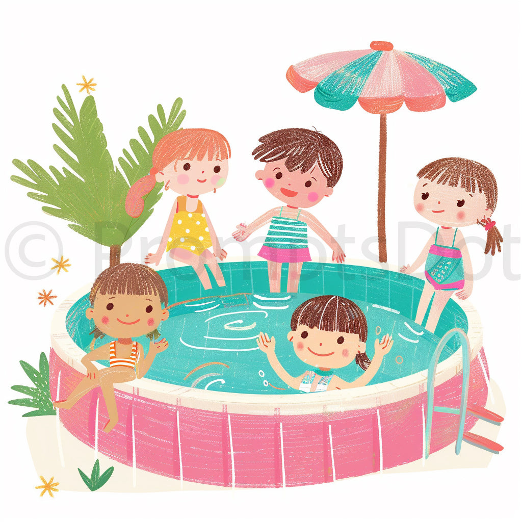 kids in the pool Pink Beach Summer Clipart Midjourney Prompts