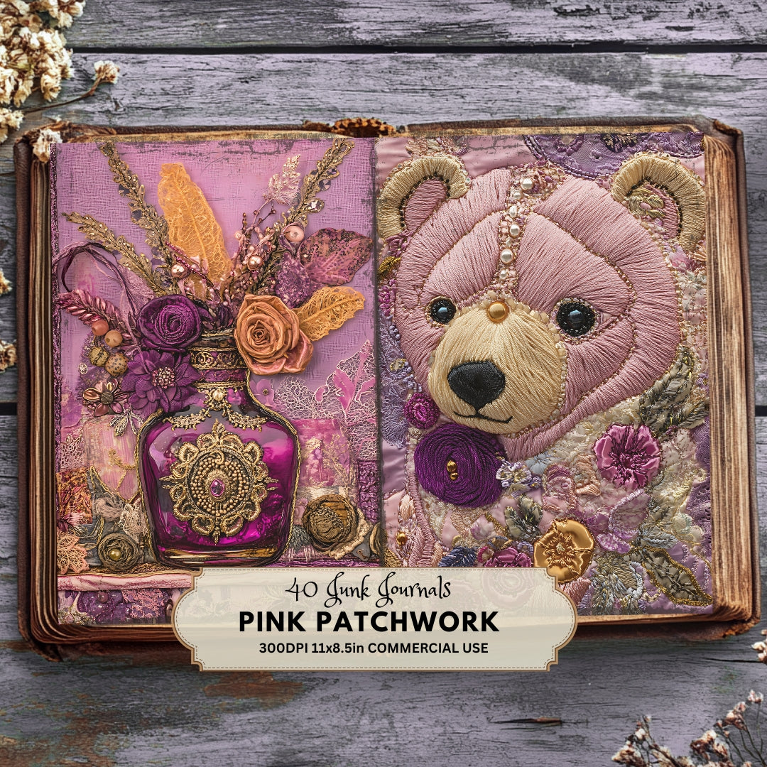 40 Pink Patchwork Junk Journal Pages