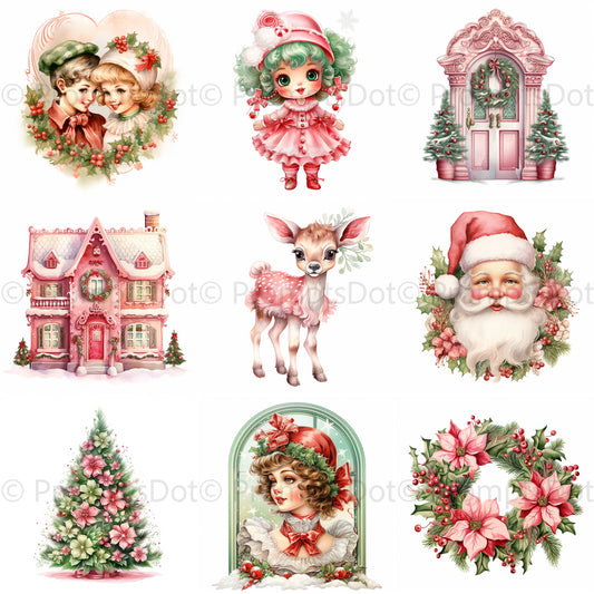 Pink Vintage Christmas Clipart Ephemeras Midjourney Prompt Commercial Use