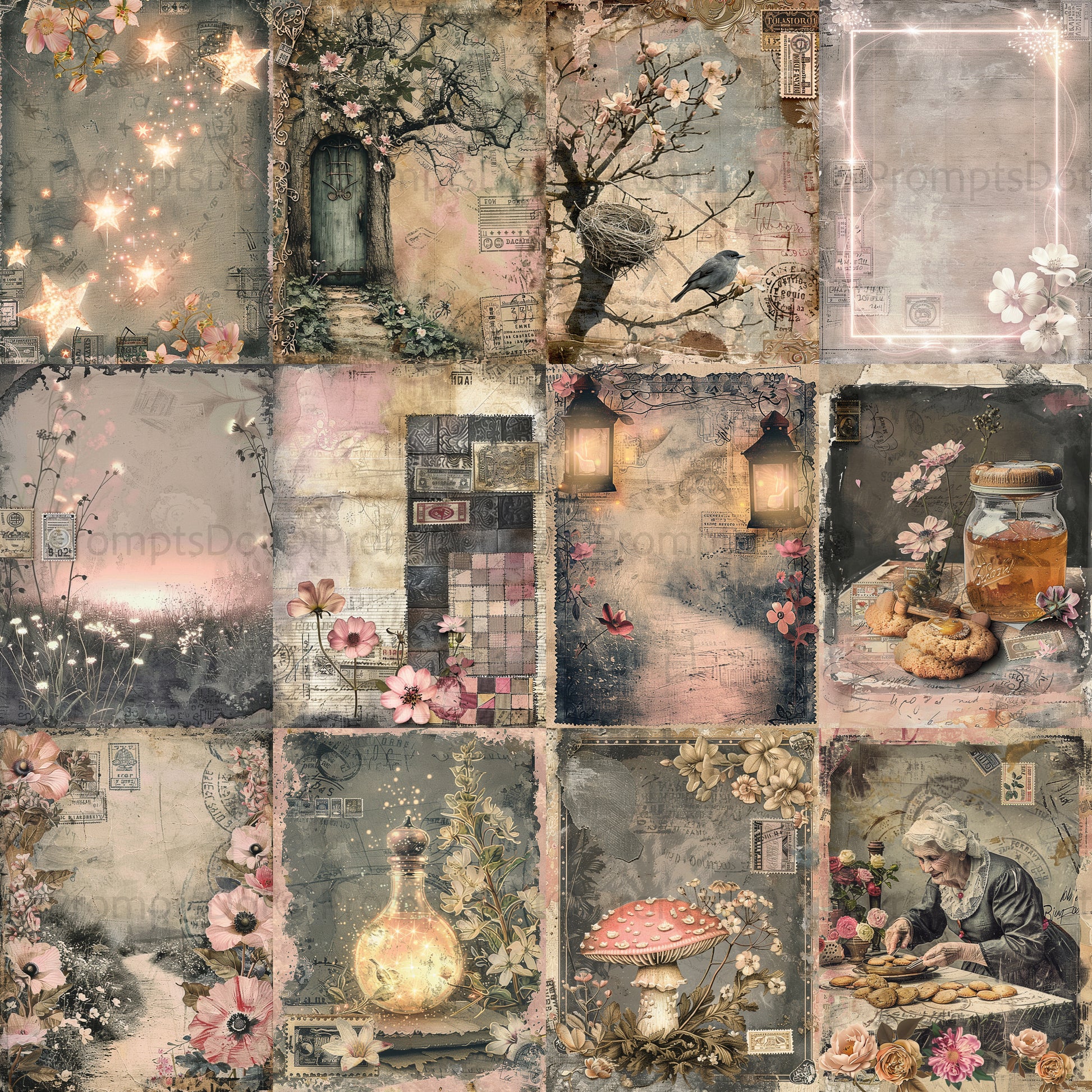 grid Midjourney Prompts For Pink Silver Vintage Scrapbooking Papers