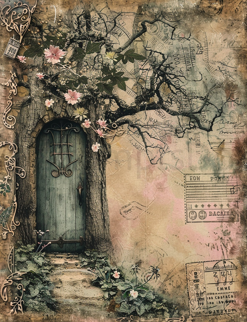 magic tree with door Midjourney Prompts For Pink Silver Vintage Scrapbooking Papers