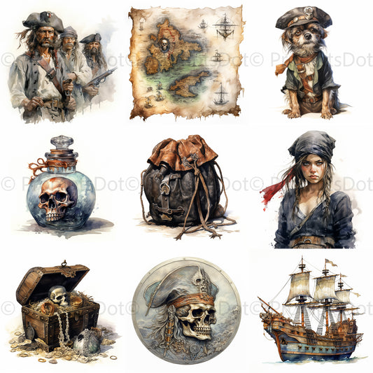 Pirates Watercolor Clipart Professions Digital Art and Midjourney Prompt Commercial Use