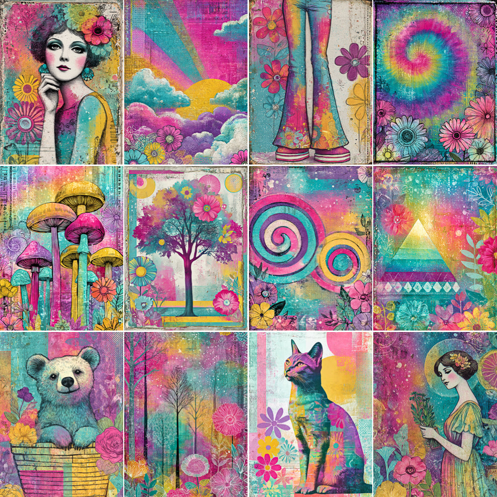 Grid of colorful psychedelic-style illustrations featuring abstract patterns, animals, and nature.