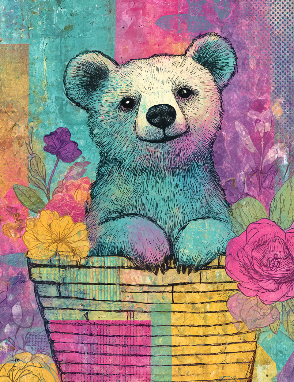 Colorful illustration of a bear in a basket with flowers on a abstract background