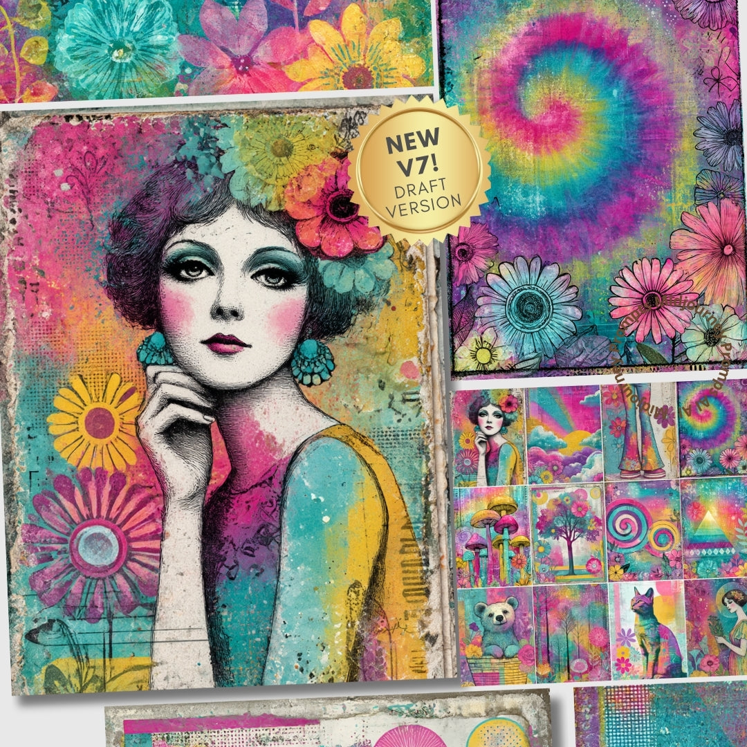 Colorful art collage with a woman's face and abstract patterns, featuring a 'NEW V7! DRAFT VERSION' label.