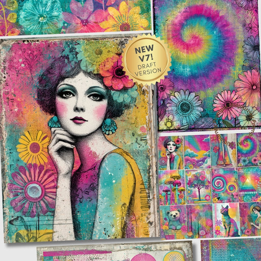 Colorful art collage with a woman's face and abstract patterns, featuring a 'NEW V7! DRAFT VERSION' label.
