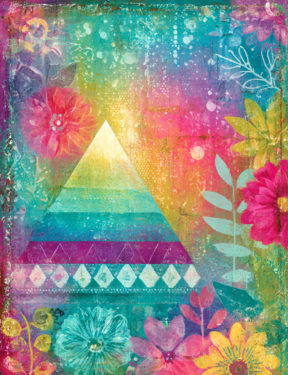 Colorful abstract design with a pyramid shape and floral elements on a textured background.