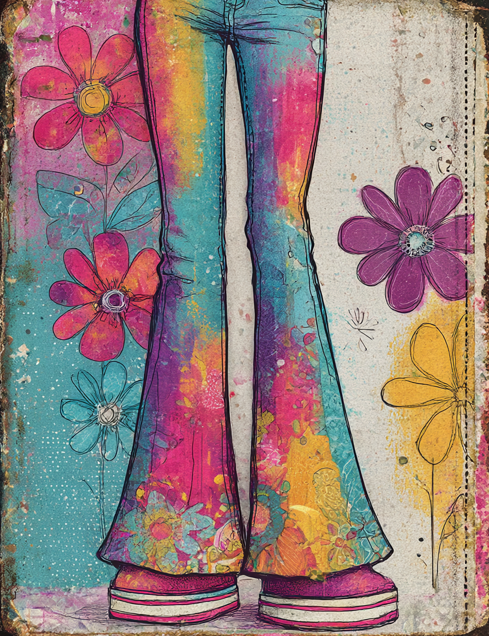 Colorful jeans with floral designs on a textured background