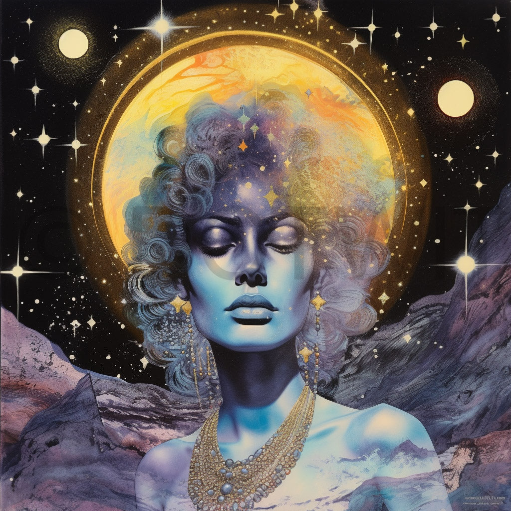 Psychedelic Illustrations Midjourney Prompt Commercial Use a woman in front of the moon art