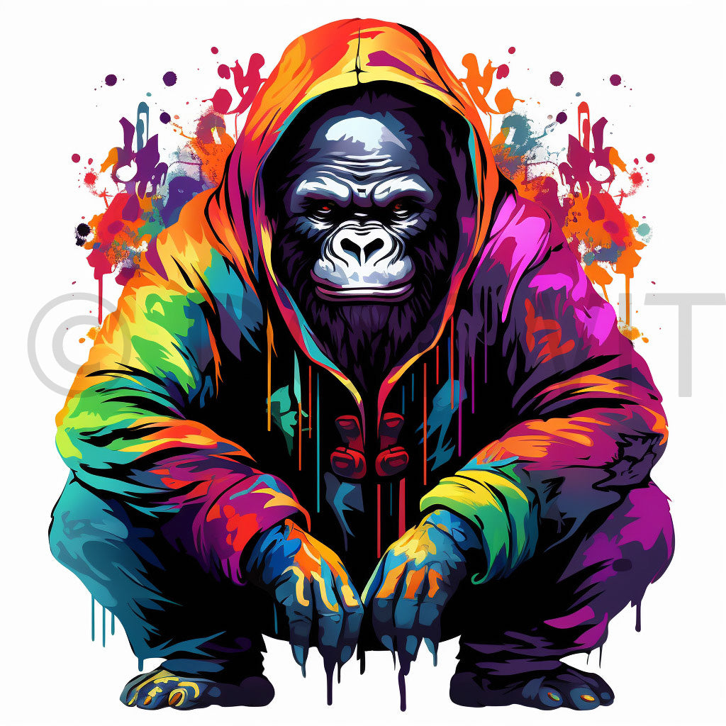 a gorilla Watercolor Psychedelic Tshirt Design Digital Art and Midjourney Prompt Commercial Use