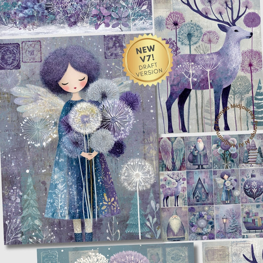 Fantasy illustration with a girl holding dandelions, a deer, and various elements in a magical forest setting.