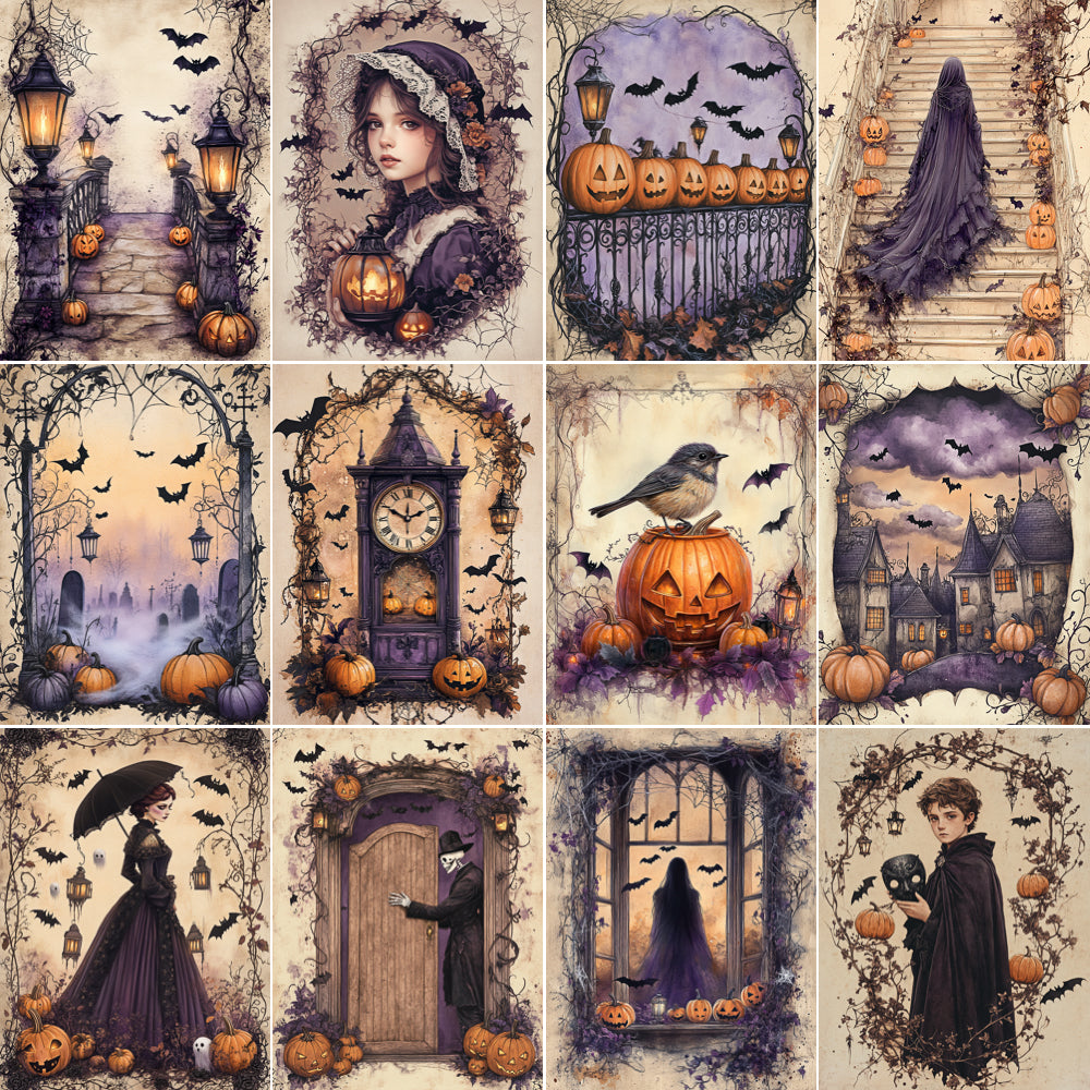 Collage of Halloween-themed illustrations featuring pumpkins, ghosts, and other spooky elements.