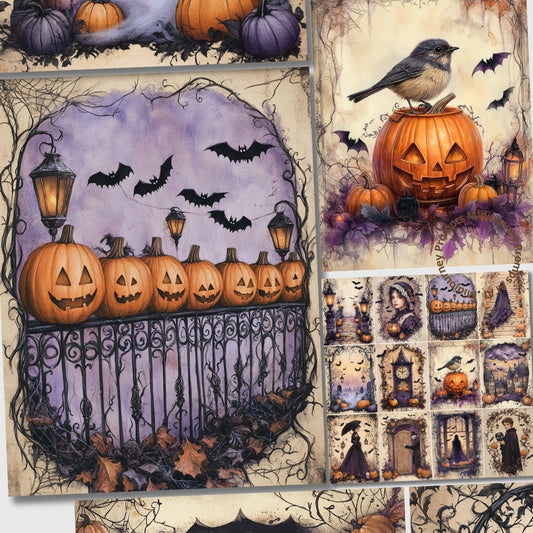 Halloween-themed collage with pumpkins, bats, and a bird on a pumpkin.