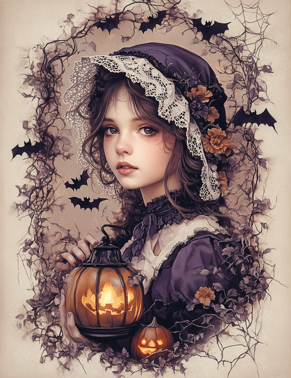 Woman in a Halloween-themed outfit with a lantern and pumpkins, surrounded by bats and leaves.