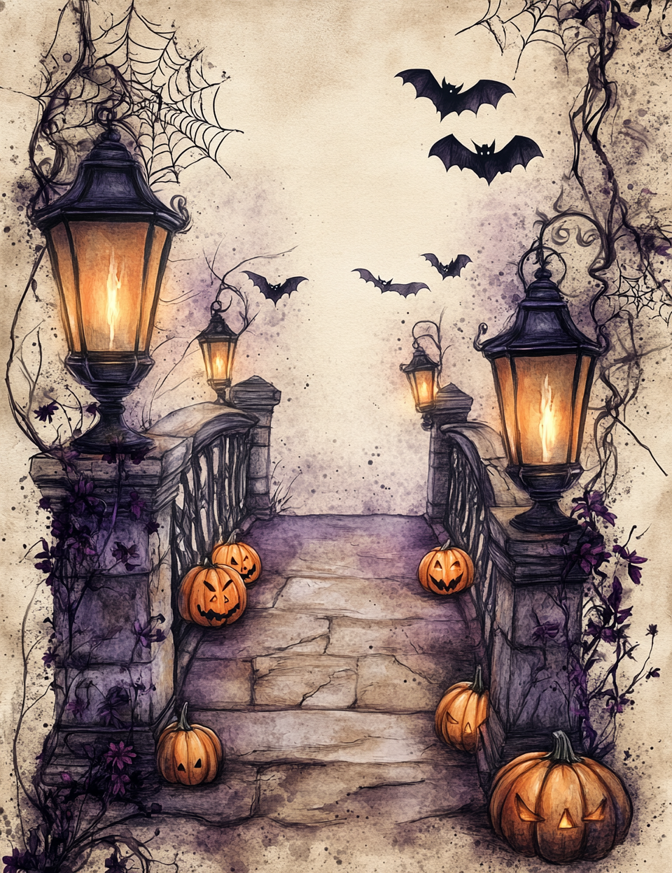 Halloween-themed illustration with pumpkins, bats, and lanterns on a stone staircase.