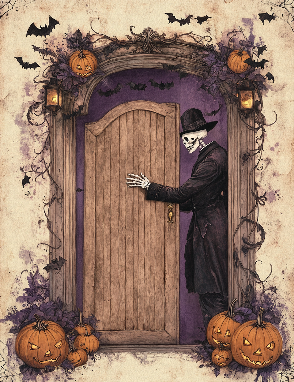 Halloween-themed illustration with a skeleton in a hat opening a door, surrounded by pumpkins and bats.