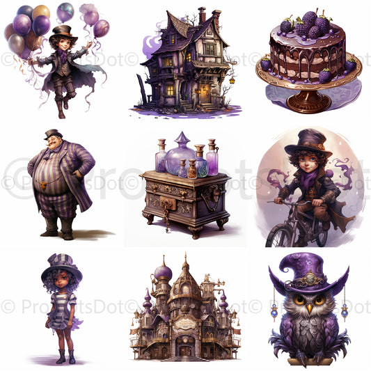 Midjourney Prompt Purple Vintage Victorian Fantasy Cliparts Instant Download nine images purple vintage