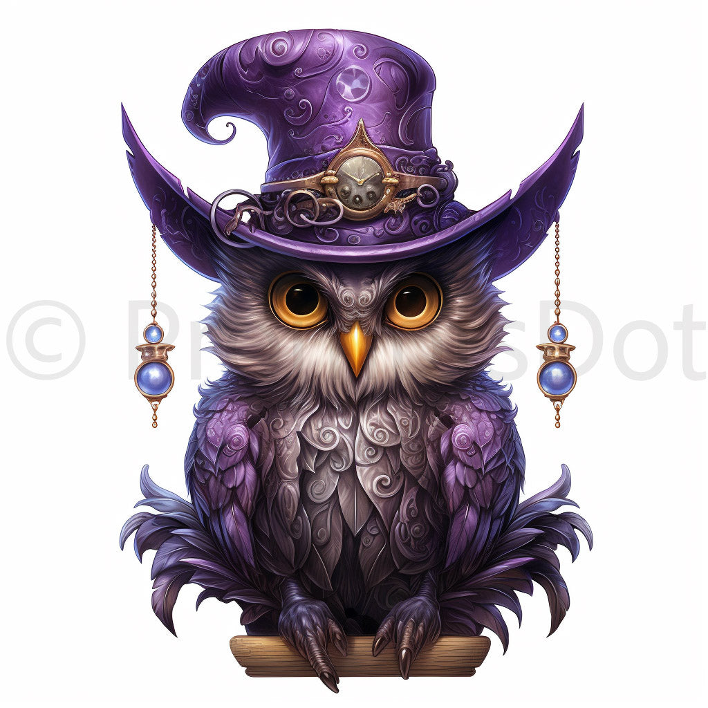 Midjourney Prompt Purple Vintage Victorian Fantasy Cliparts Instant Download a beautiful owl wearing hat vintage style purple colors