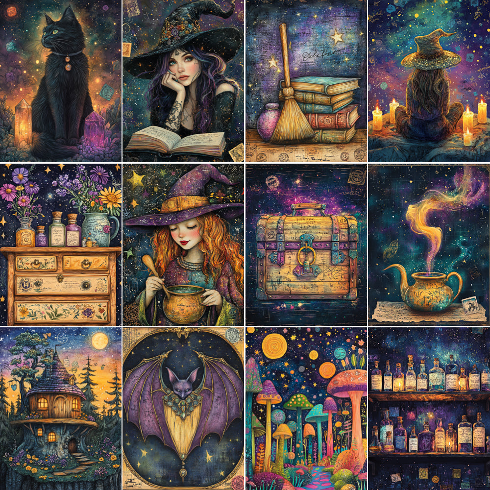 Collage of magical-themed illustrations including a witch, black cat, books, broom, and potions.
