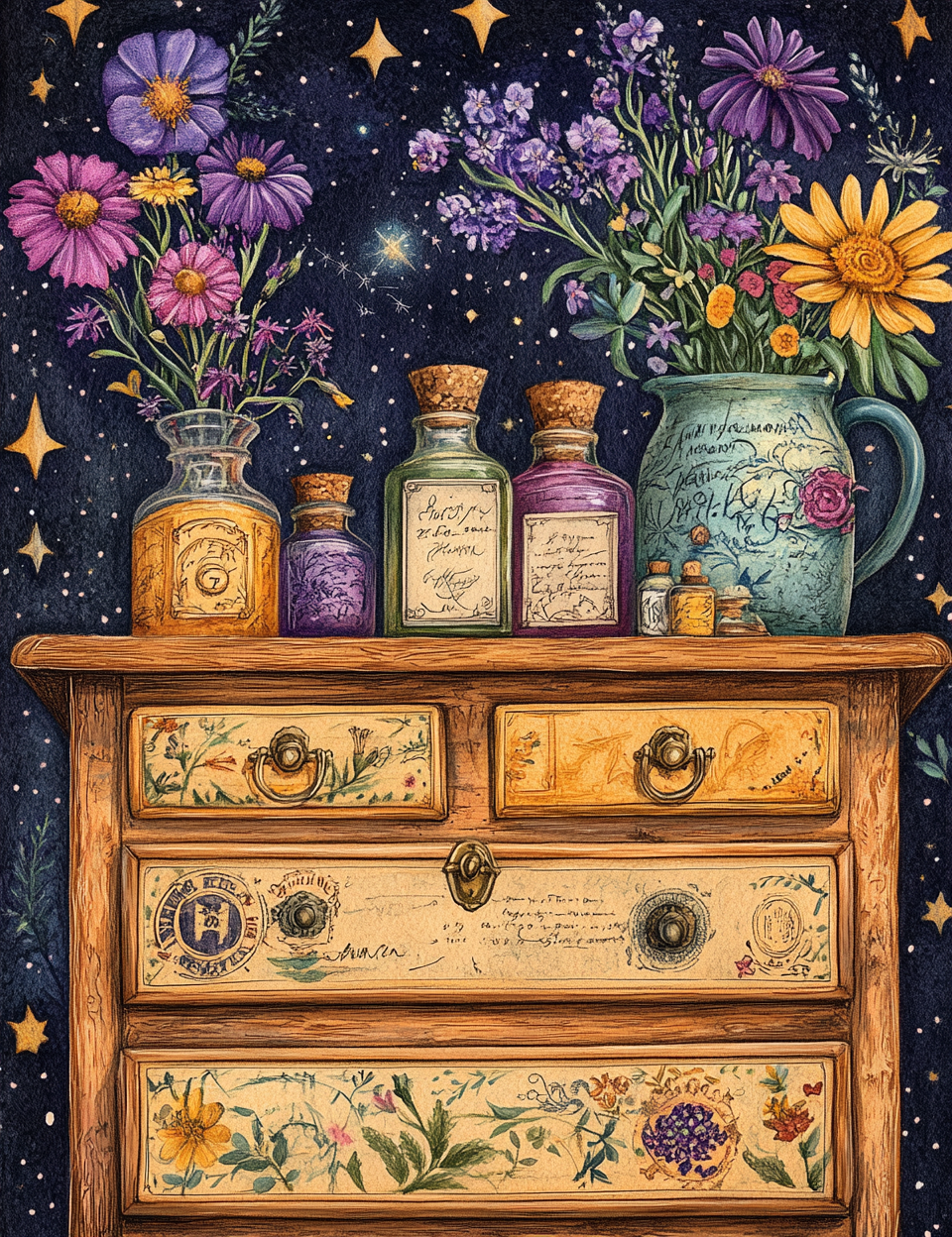 Wooden dresser with decorative bottles and flowers against a starry night sky background