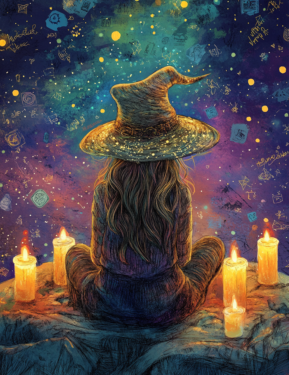 Person wearing a witch hat sitting among candles with a starry night sky background