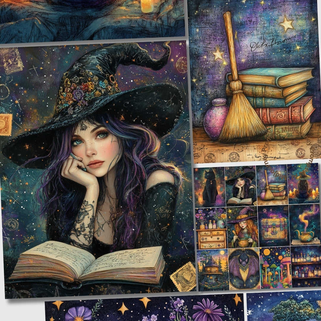 Collage of a witch with books, broom, and potion bottles against a starry night sky.
