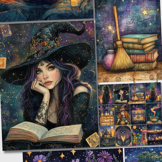 Collage of a witch with books, broom, and potion bottles against a starry night sky.