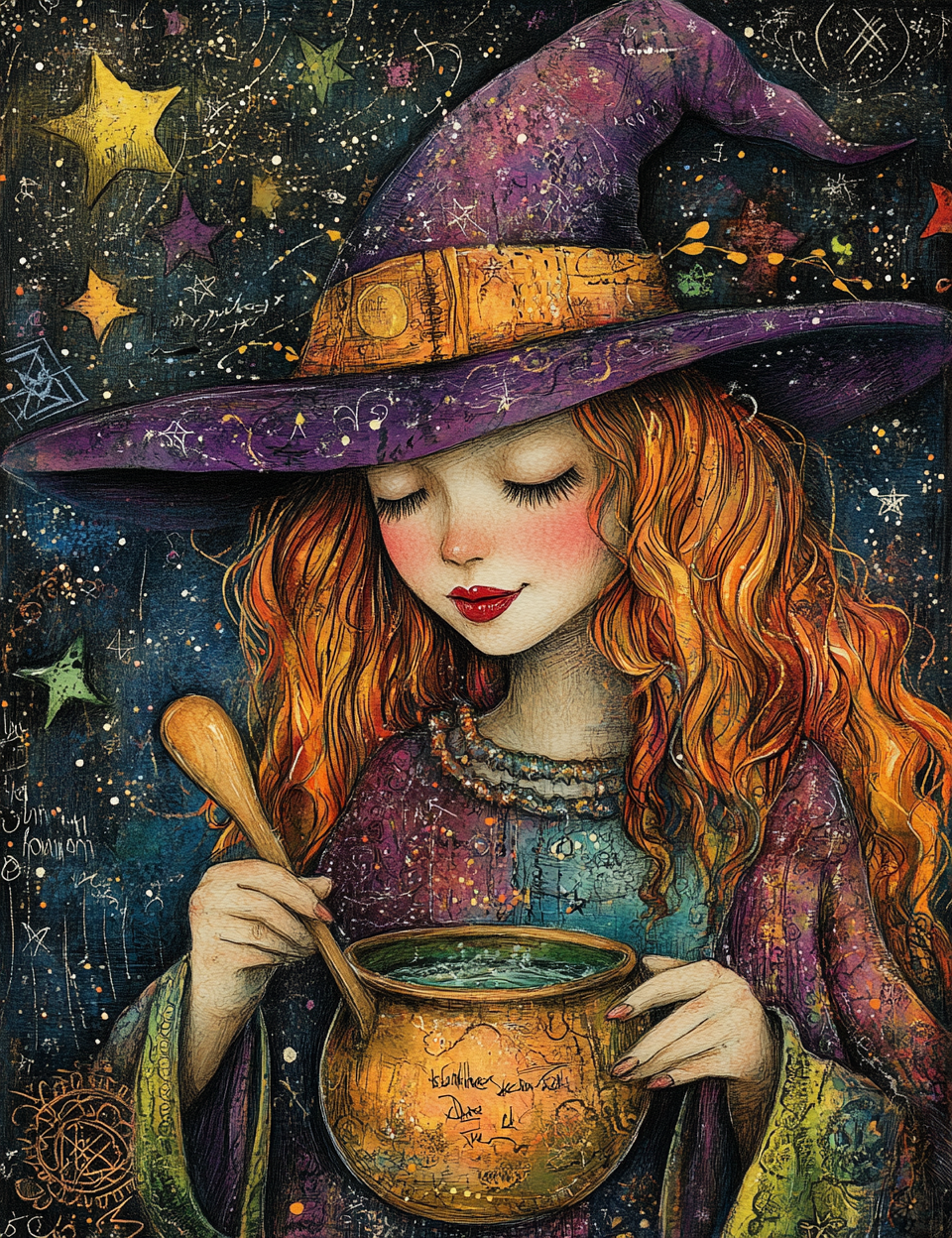 Illustration of a witch with a purple hat and red hair, holding a cauldron against a starry night sky.