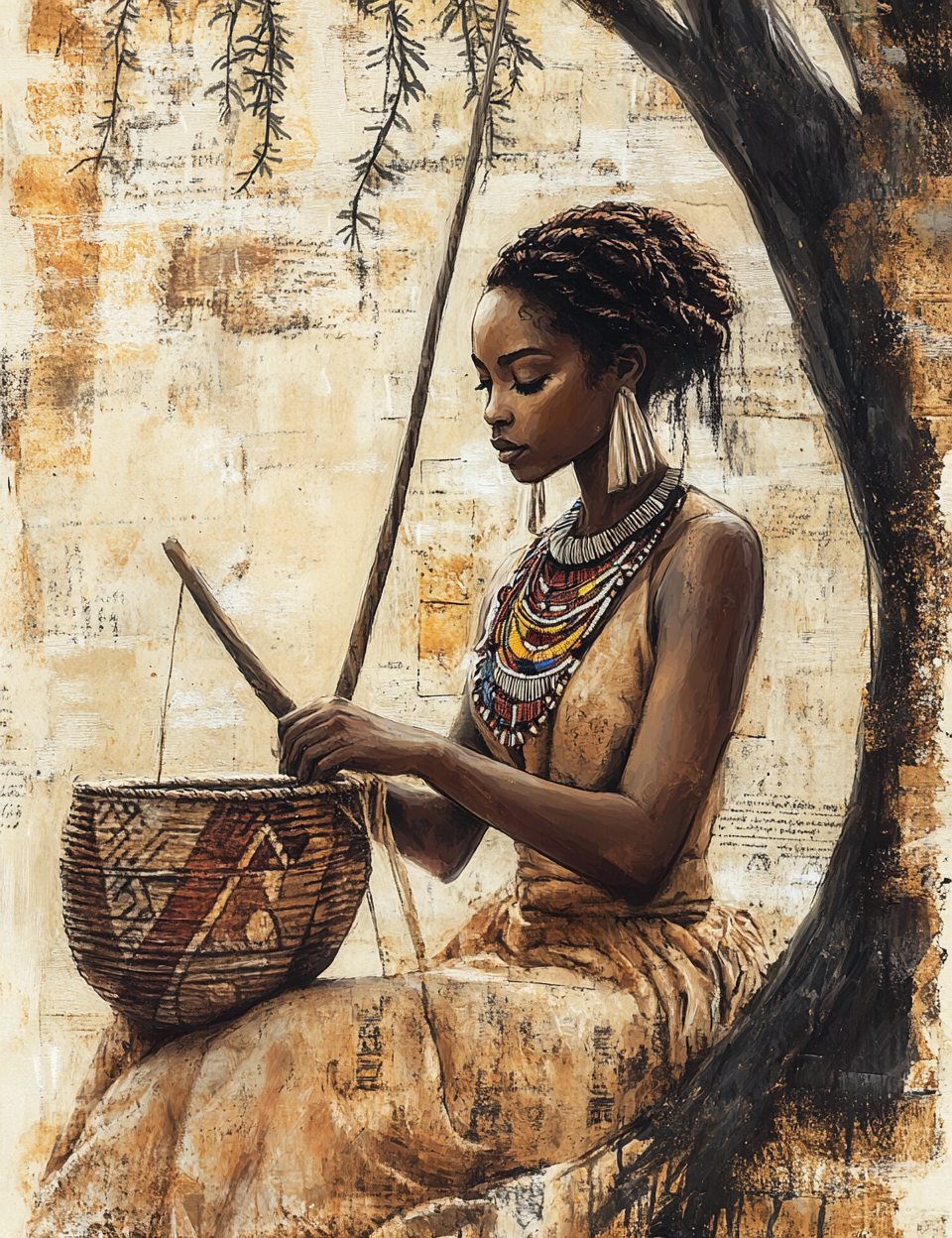 Artistic depiction of a woman sitting under a tree, holding a basket and a stick, with a textured beige background.