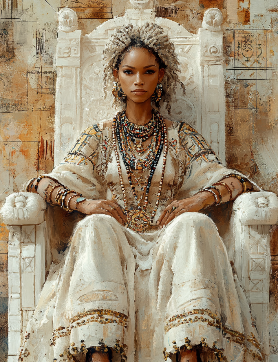 Woman in elaborate traditional attire sitting on a throne with an ancient Egyptian-themed background