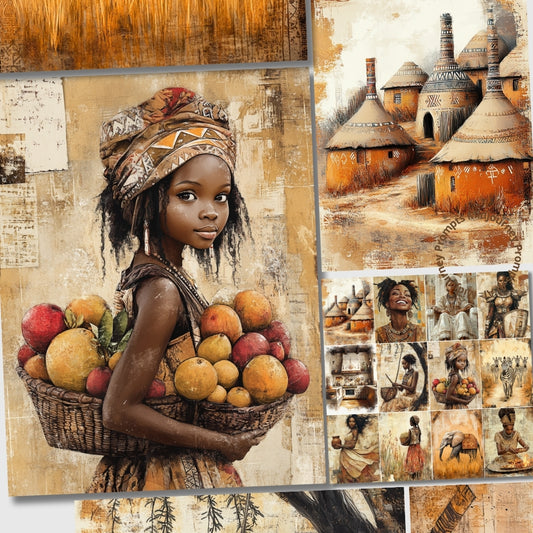 Collage of a young girl with a basket of fruit and traditional huts.