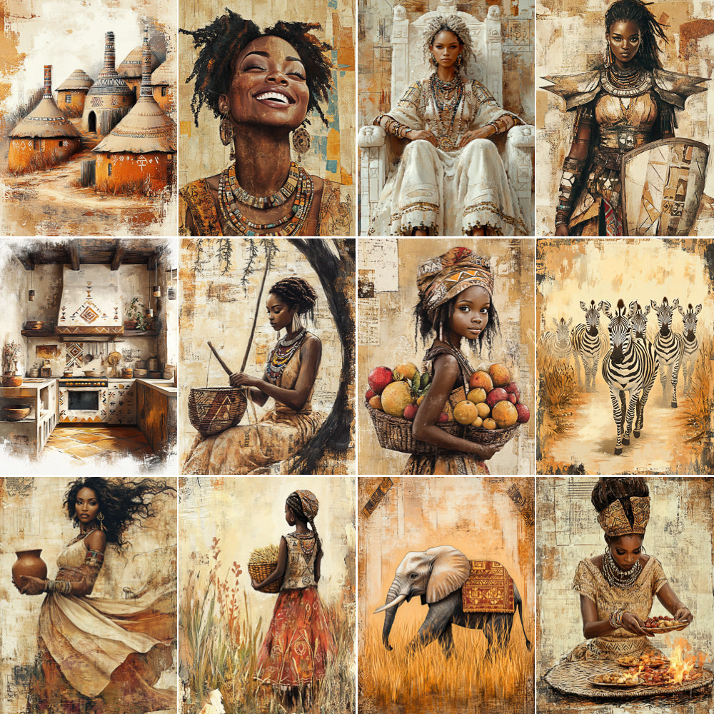 Collage of artistic illustrations featuring women in various settings with cultural and natural elements.