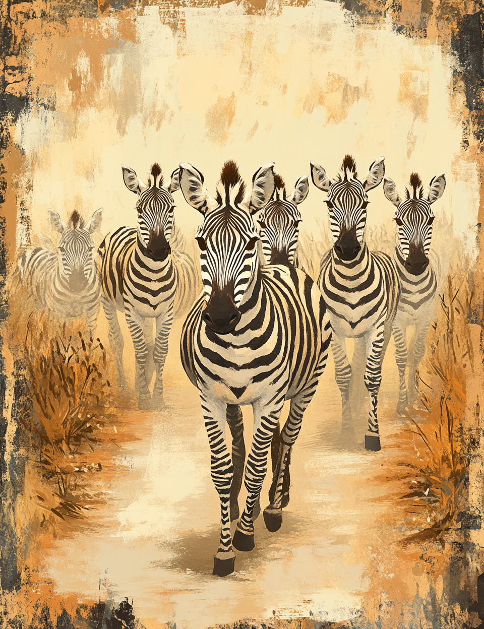 Artistic depiction of zebras walking together on a textured background