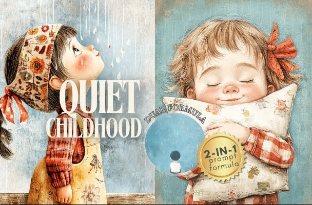 Illustrations of children in a vintage style with text 'Quiet Childhood' and product packaging.
