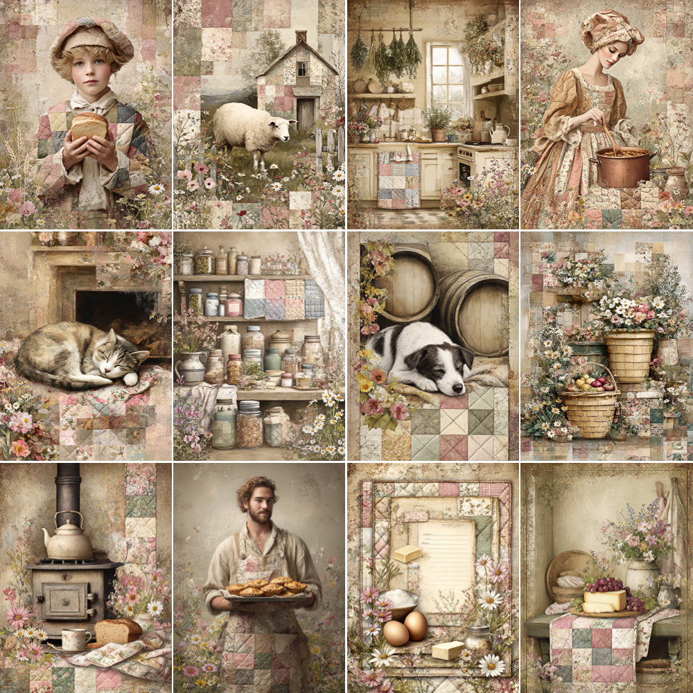 Collage of vintage-style images featuring a young girl, sheep, kitchen scenes, a woman with a basket, a cat, a dog, a man with a loaf of bread, and a cozy interior.