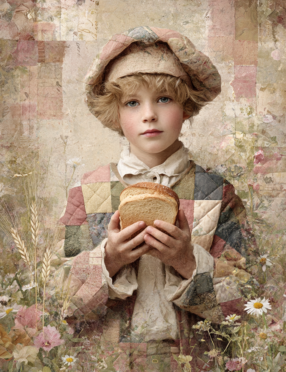 Young boy holding bread in a patchwork quilted outfit with a floral and textured background