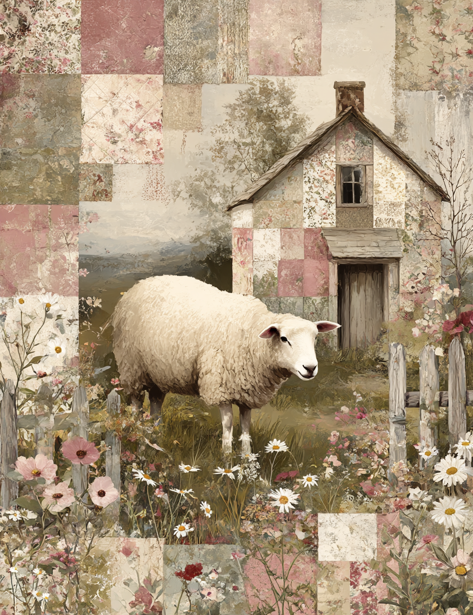 Collage of a sheep in a field with a rustic house and floral patterns.