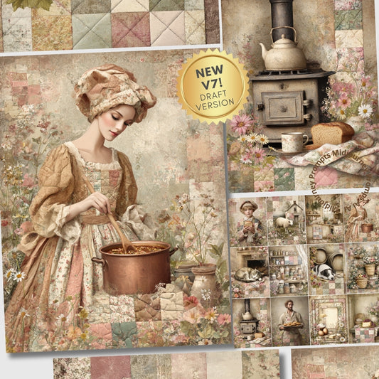 Collage of a woman in historical attire cooking, surrounded by vintage kitchen items and decorative elements.
