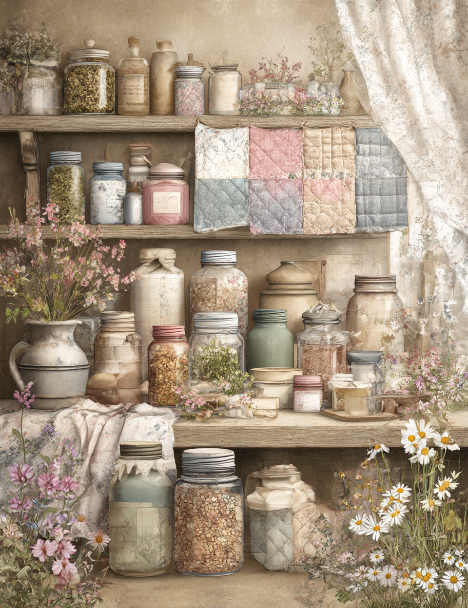 Shelves with jars, bottles, and flowers in a rustic setting