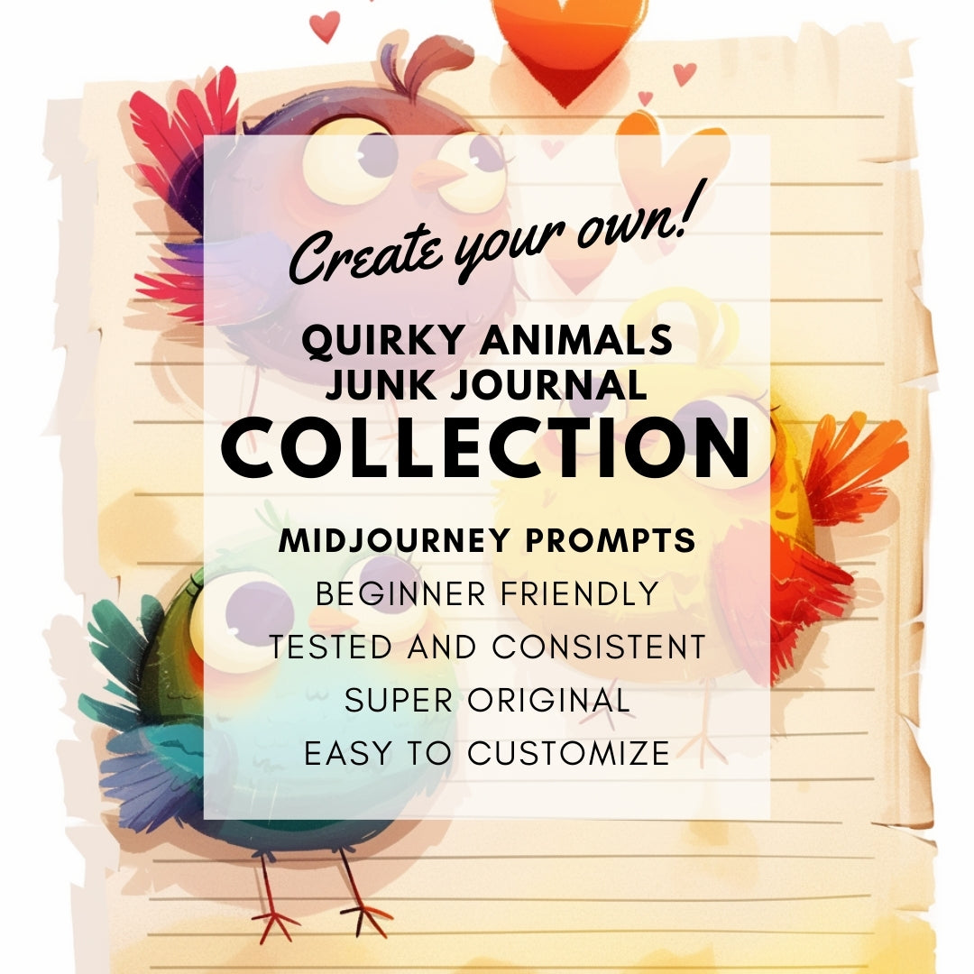 create your own collection Quirky Animals Ephemera Junk Journal Midjourney Prompts