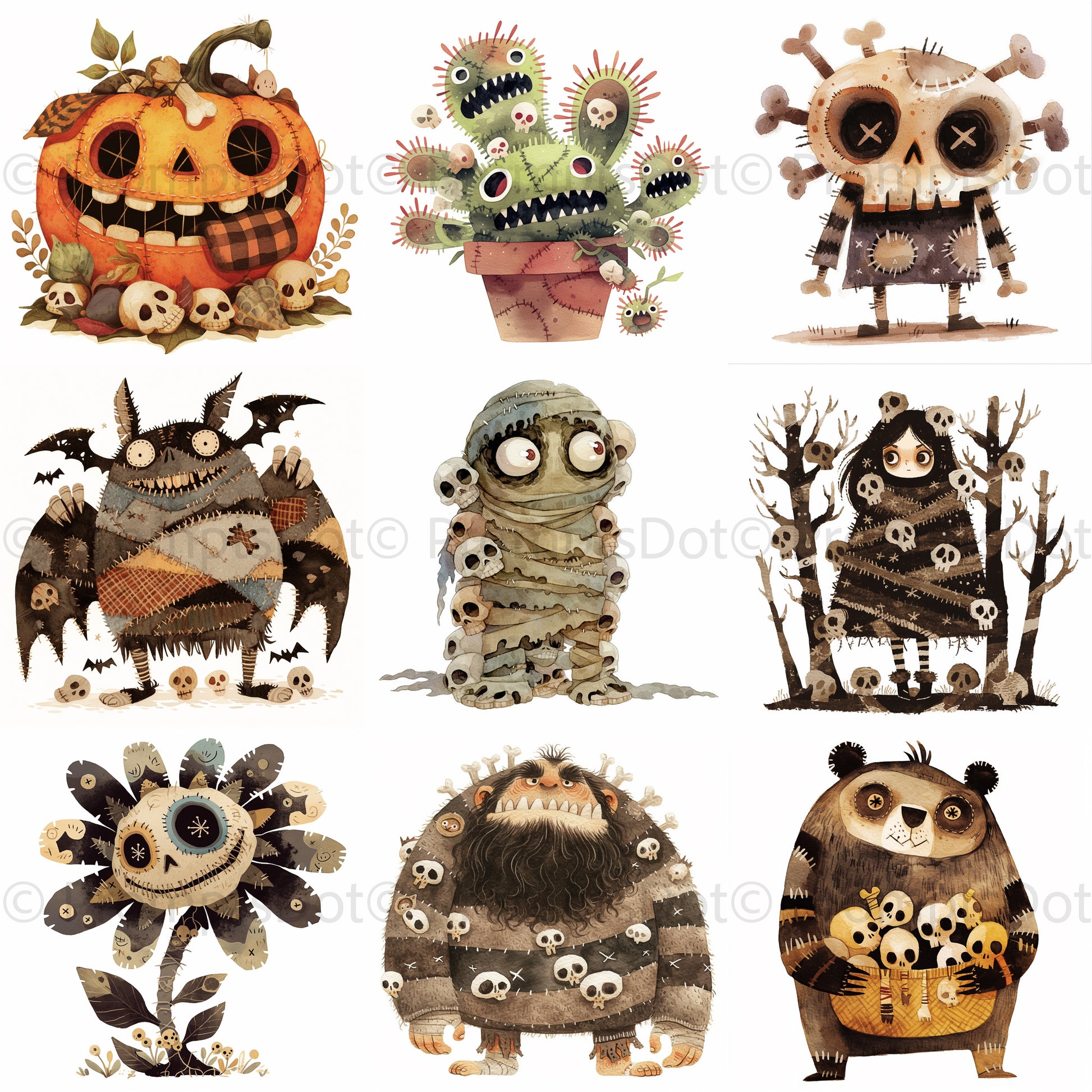 grid Quirky Characters Halloween Skulls Midjourney Prompts