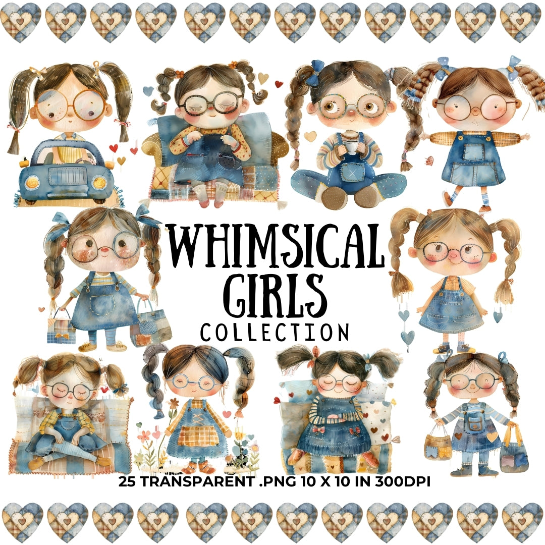 whimsical girls Whimsical Ragdolls, Cute Girl Clip Art, Mixed Media Clipart, Whimsical Girl PNG