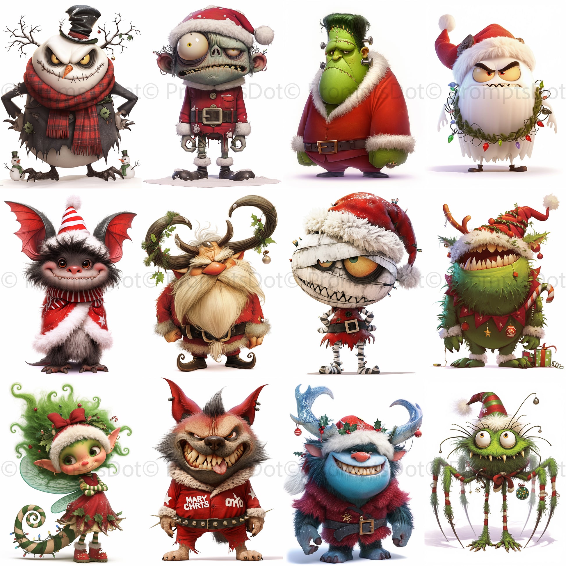 grid of monster chrismtas Quirky Gothic Christmas 3D Characters Midjourney Prompts