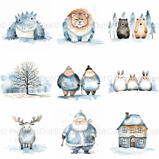 Quirky Winter Watercolor Nursery Art Digital Art and Midjourney Prompt Commercial Use