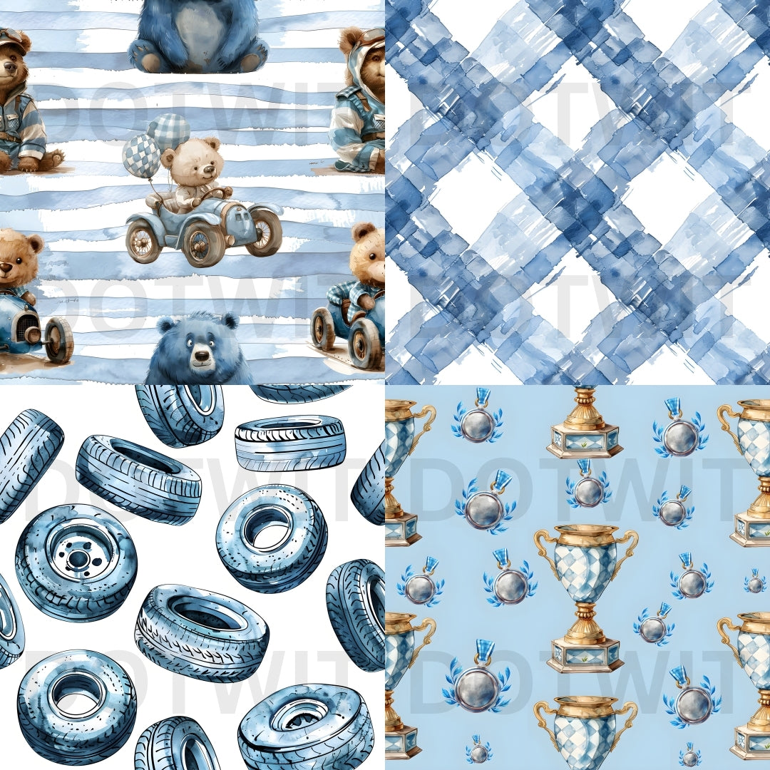 bears and tires 15 Vintage Race Digital Paper, seamless blue Nursery Boy Patterns