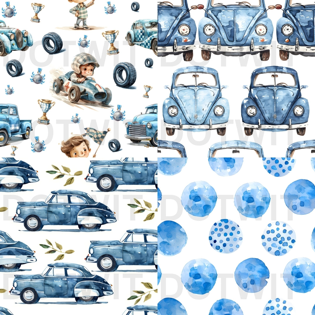seamless patterns 15 Vintage Race Digital Paper, seamless blue Nursery Boy Patterns