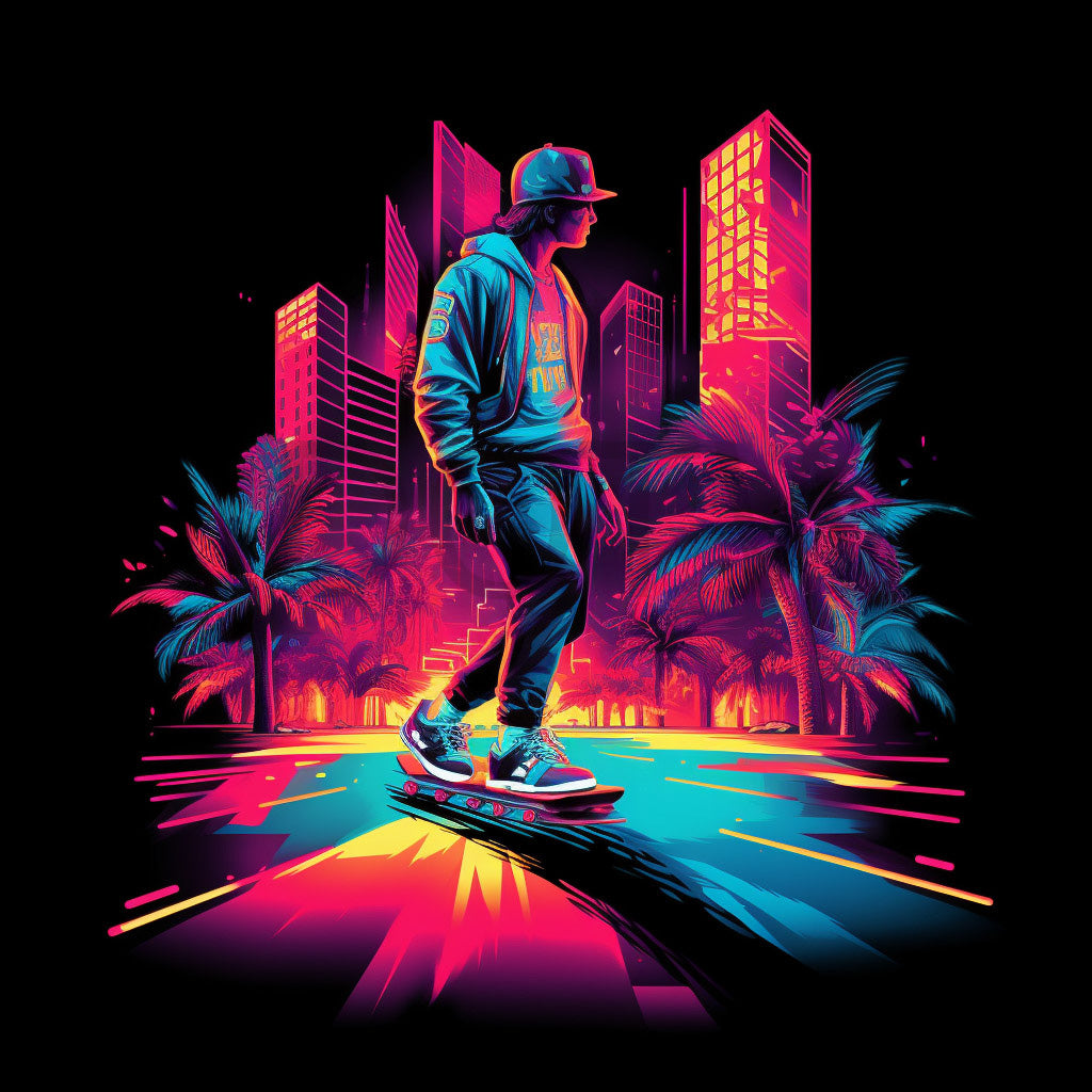 a skater kid on the city Retro Tshirt Digital Designs Summer Beach Vectors and Midjourney Prompt Commercial Use